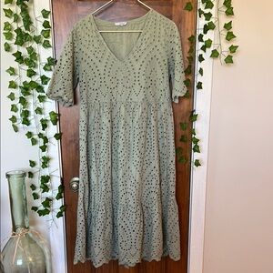 VANESSA ZANI 100% Italian Cotton Eyelet Lace Midi Cottage Dress Sage Green | L